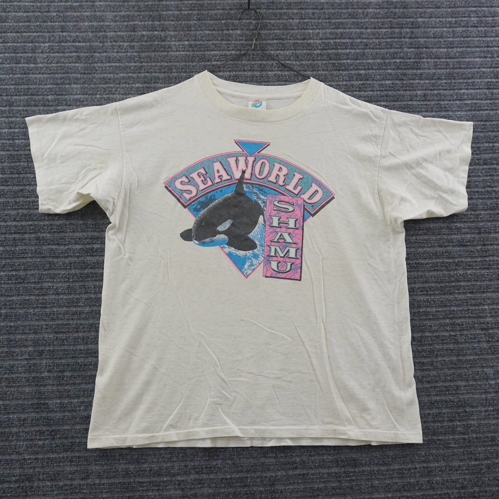 Vintage 90s Seasons SeaWorld Shamu T-Shirt Mens XL Oatmeal Single Stitch Orca